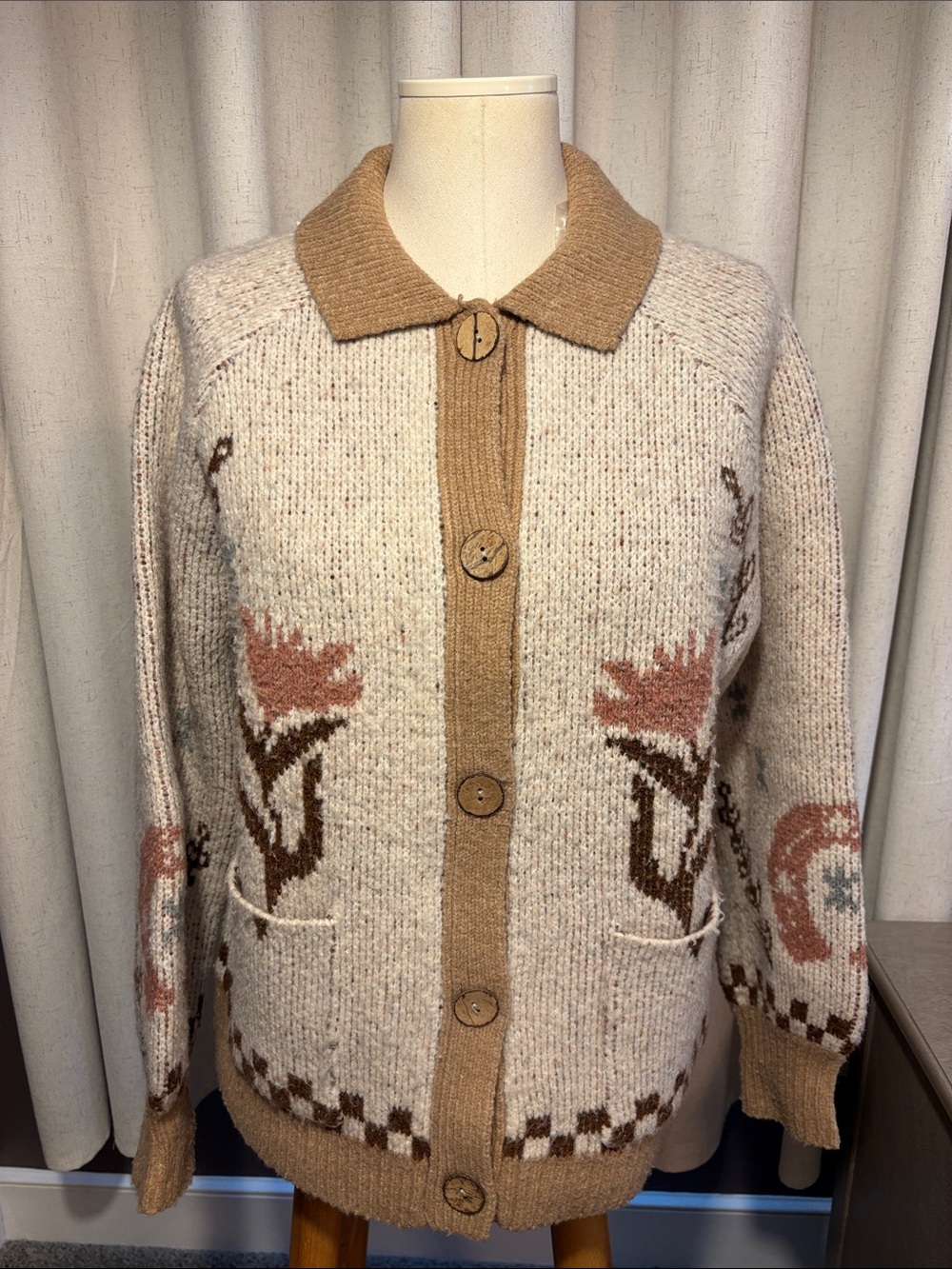 Western Southwestern Cow Skull Floral Cardigan Sweater Button Front-Small